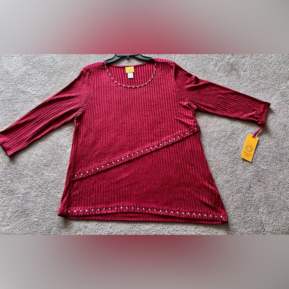 Ruby Rd. Red Embellished Top with Asymmetrical hemline